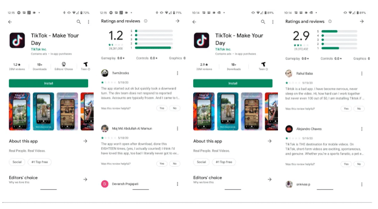 Google removes millions of negative TikTok rating